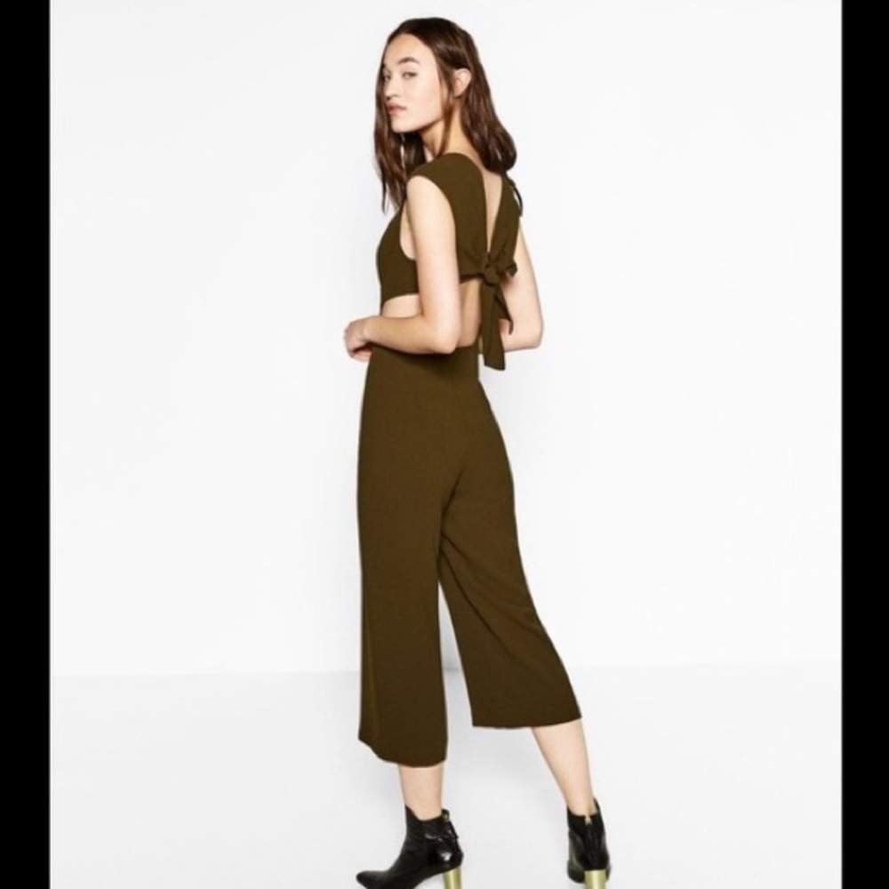 Zara Woman Cap Sleeves Tie Back Wide Leg Jumpsuit